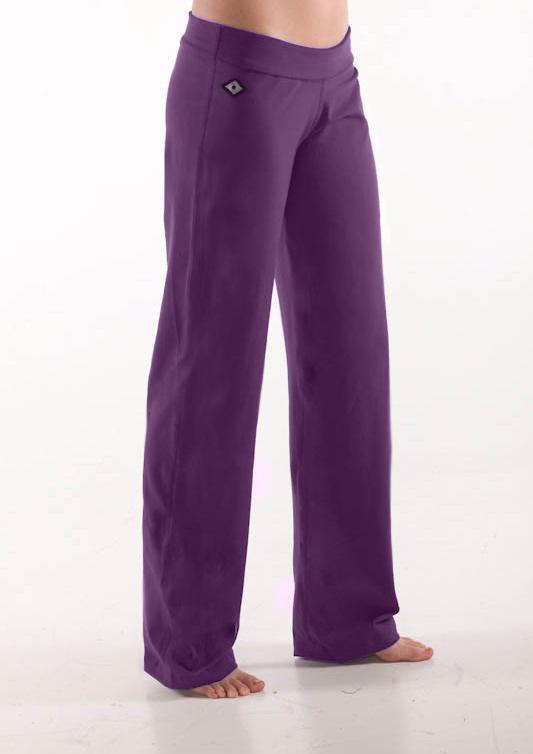 Woman's side facing legs showing pair of purple colored organic cotton Luana Pants yoga pants