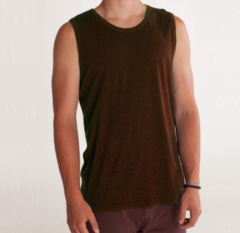 Man facing forward wearing brown colored organic cotton Mana yoga tank top